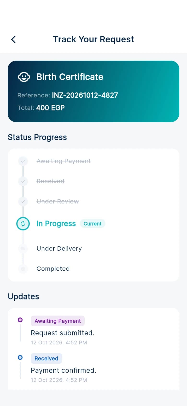 Screenshot of the Inzerv app: Tracking